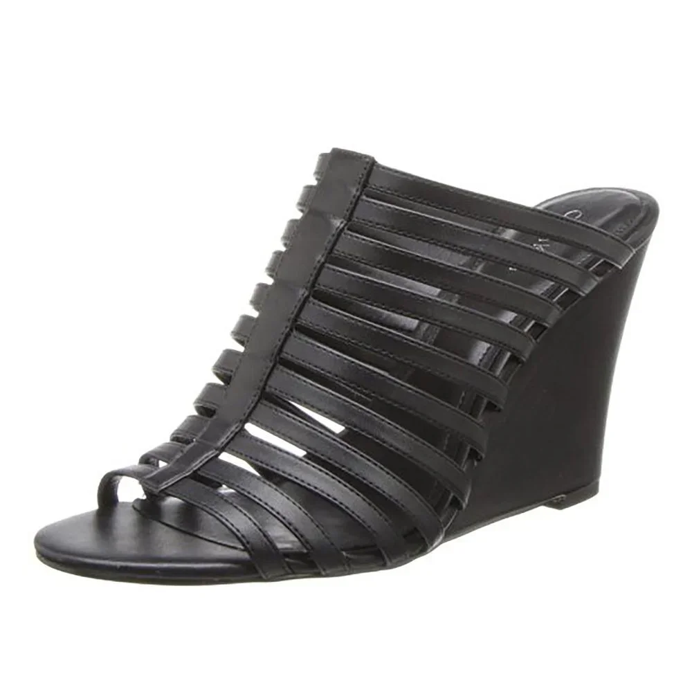 New Calvin Klein Women's Black Phillipa SS Nappa Gladiator Wedge Sandal Size 7.5